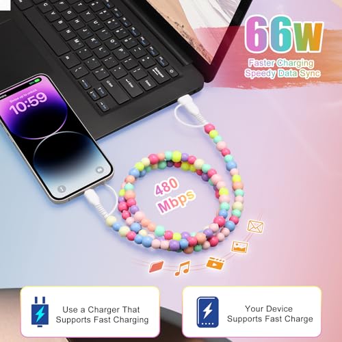 Aolcev USB C Cable 4 in 1 Multi Beaded for iPhone Charger Cord MFi Certified 3.3FT Fast Charging Cable 66W Chubby USB A Type C IOS Cable Compatible with iPhone 17 16 15 Pro Max/iPad/Galaxy S26 Colored by Aolcev - Image 8
