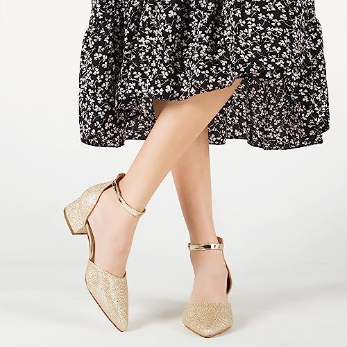 Women’s Pumps Pointed Toe Low Chunky Heels Ankle Strap Closed Toe Gold Nude Black Silver Heels Dress Wedding Pumps4