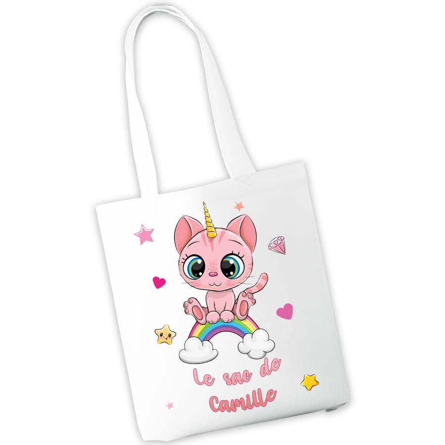 Sac à cahiers personnalisé - Sac de transport pour cahiers et livres d'école ou de bibliothèque - Prénom et motif au choix - Cadeau rentrée scolaire, maternelle, crèche, école (Chaton rose)