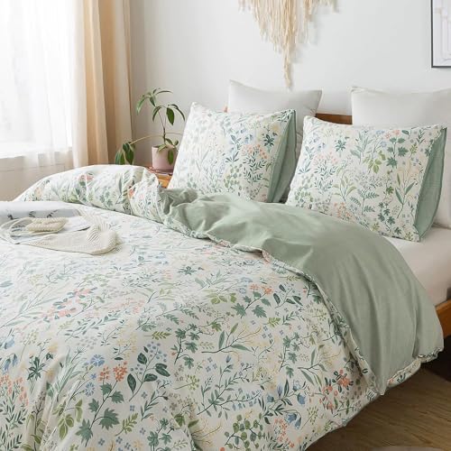 Image of VM VOUGEMARKET Twin Duvet Cover Set 3 Pieces Sage Green Botanical Flower Duvet Cover with 2 Pillowcases Cottagecore Bedding Set 100% Cotton White Green Comforter Cover Without Filling
