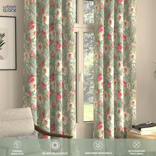 Image of Urban Space Blackout Curtains 5 Feet Set of 2 for Window, 80-85% Light Blocking Curtains for Living Room, Digital Printed Curtains with Eyelets, Tieback Included (Flora nova sage, 5 Feet)