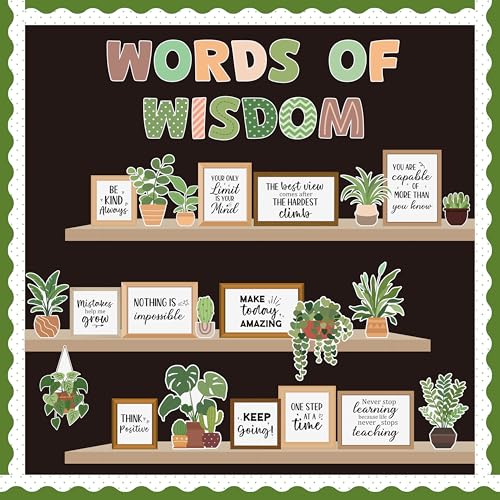 WATINC Bookshelf Bulletin Board Decorations - 63pcs Plant Motivational Classroom Cutout Decor Set, Back to School Words of Wisdom Boards for Classroom Chalkboard Walls Reading Library Summer Supplies