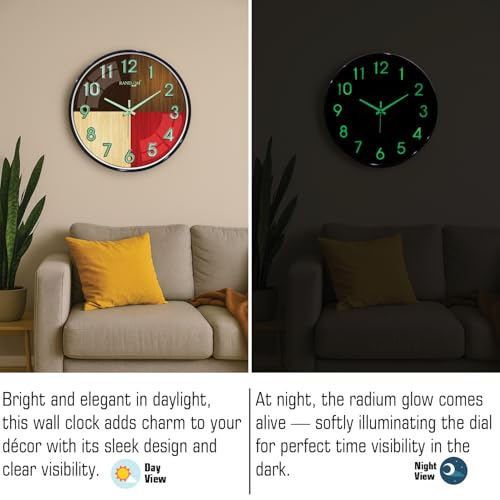 Image of RANDOM Modern 12.75INCH Wall Clock with 3D Radium Numbers, Silent Non-Ticking, Premium Black Frame, Metallic Face, Ultra Clear Glass for Living Room, Home Office