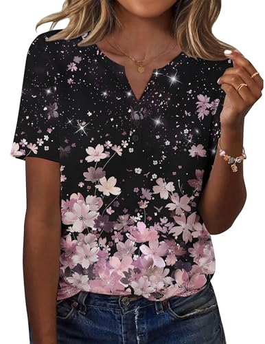 Zeagoo Magliette Donna Estive T-Shirt Manica Corta con Scollo a V Elegante Maglia Camicia Casual Base Blusa Top Elasticizzato Leggero Tee Shirt Nero Rosa XL