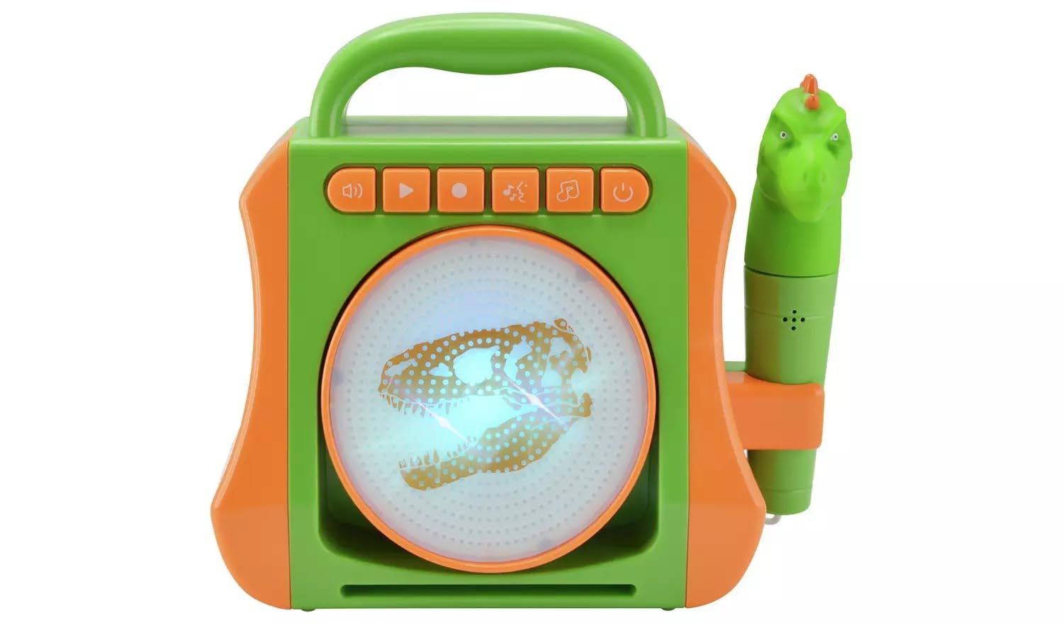 Sing Along Dino Boombox, Kids Musical Toy with Light-Up Display, Green and Orange, Portable Educational Entertainment Player