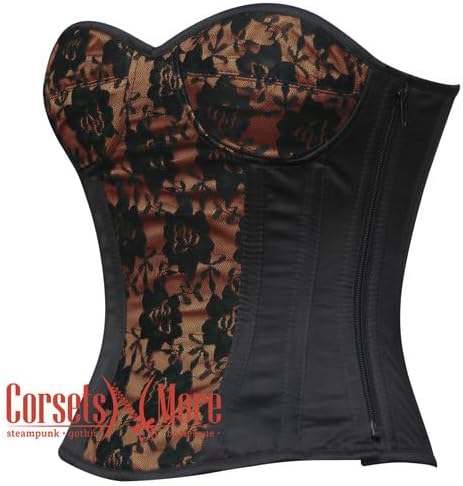 Black and Brown Satin Corset Tops for Women Overbust Gothic Net Overlay Steel Boned Waist Cincher Costume
