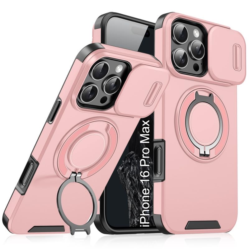 Image of LuxuryKase Shockproof Rugged Case for iPhone 16 Pro Max | Slide Camera Cover | 360 Rotating Ring Kickstand | Military-Grade Protection - Rose Pink