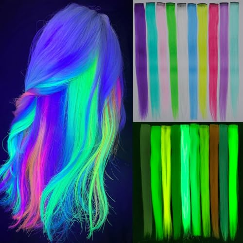10 Pcs Glow in Dark Clip in Hair Extensions -...