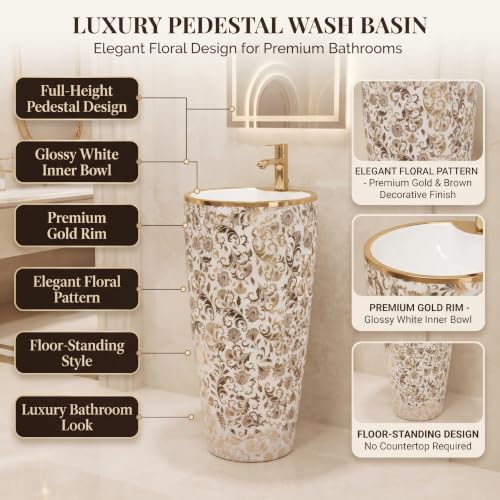 Image of InArt Freestanding Pedestal Wash Basin for Bathroom, Luxury Floor Standing Ceramic Basin with Gold Rim and Floral Pattern, 15 x 15 Inch Bowl, 34 Inch Height, White & Gold