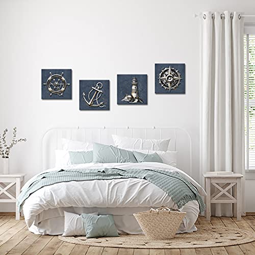Nachic Wall 4 Piece Nautical Wall Art Ship Wheel Boat Anchor Lighthouse And Compass Painting Canvas Prints Gold And Blue Ocean Theme Poster Artwork For Modern Home Bedroom Decor Ready To Hang #TOP3