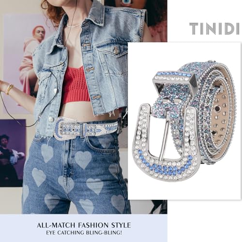 TINIDI Four Leaves Rhinestone Belts for Men Women Western Punk Rock Diamond Studded Bling Leather Belt for Jeans Pants4