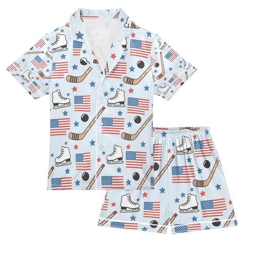 senya The Usa Skates Flag Satin Summer Pajama Sets Silk Short Sleeve Button Down Sleepwear