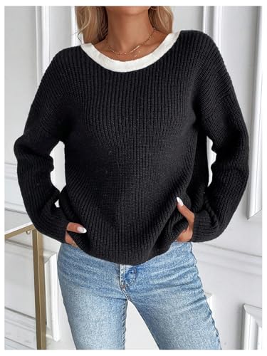 Image of MakeMeChic Women's Fall Sweater Bow Knot Knit Trendy Cute Pullover Sweater Top Black Large