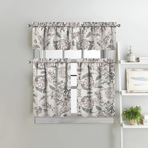 Image of Floral Kitchen Curtains 3 Piece Set Tier Valance Window Decor