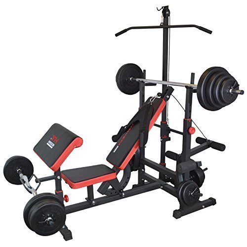 Train Hard Multifunktion Hantelbank Kraftstation inkl. Latzug, Bauchtrainer, Armcurl und Beincurl mit Hantelset aus Langhantel, Curlhantel und Stange Gewichten 50kg bis 160kg