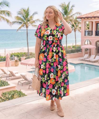 Image of CARCOS Plus Size Dresses for Curvy Women V Neck Summer Maxi Dress Short Sleeve Floral Boho Dress Smocked Waist Beach Dress