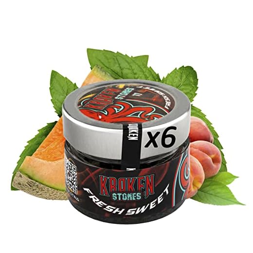 6 Tarros de Piedras Granuladas 150g para Cachimba-Sustituto del Tabaco Sin Nicotina, Con Sabor de Fresh Sweet (Melón, Melocoton y Menta), Ref:230