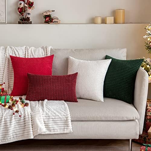 MIULEE Set of 2 Christmas Cushion Covers Decorative Corduroy 12x12 Inches, 30cm x 30cm Striped Solid Square Throw Pillow Cases for Sofa Couch Home Bedroom Cream