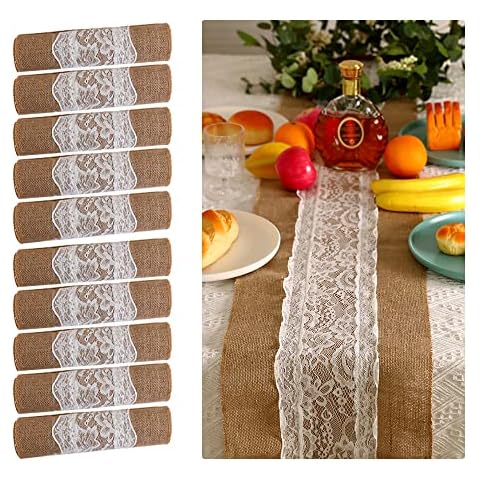 boyspringg Burlap Table Runners, 10 Pack Burlap Lace Table Runner 108 Inches Long, Jute Rustic Farmhouse Decorations for Wedding, Thanksgiving, Christmas. Cover