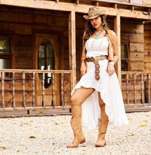 Image of IUV Cowboy Boots for Women Mid Calf Pull-On Cowgirl Boots | Wide Calf Ponited-Toe Western Boots