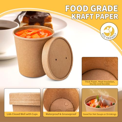 Image of PakTalk [50 Pack Soup Containers with Lids, Disposable To Go Containers Kraft 16oz Paper Soup Bowls with Lid for Hot Drinking, Food, Ice Cream (50sets, 16 oz)