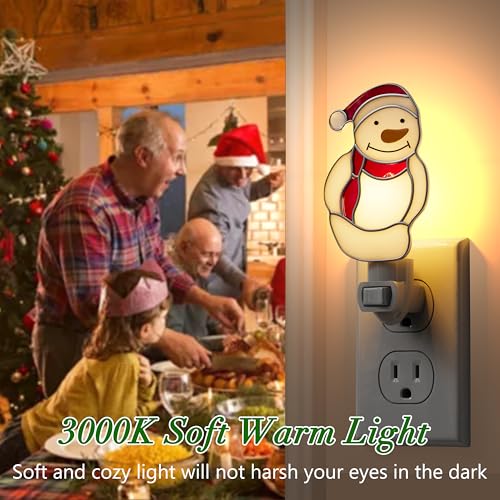 Image of Stained Glass Christmas Snowmen Night Lights Plug in Wall for Home | Night Light Plug into Wall,Pretty Night Lights Plug in Decorative ,Accent Silver Chrome Nightlights,Gifts for Grandkids
