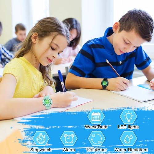 Image of Edillas Kids Watches Digital Girls Boys, 7 Colors Light Wristwatches for Child Waterproof Sport Outdoor Multifunctional with Stopwatch /Alarm for Kids(Green)