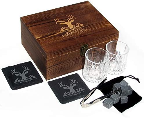 Whitetail Whiskey Stones Gift Set- 8 Chilling Stones- 2 Whiskey Glasses- 2 Coasters w/Velvet Bag In A Stylish Box. Great For Keeping Your Drinks Cold and Flavorful | By Real Dyl