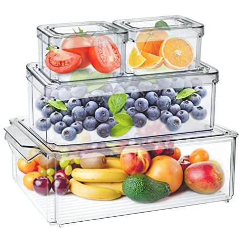 MDHAND Fridge Organiser with Lid, Transparent Stackable Fridge Organiser, Stackable, Transparent Storage Box, Ideal for Kitchens, Fridge, Cupboards, BPA Free (4-Piece Set) Cover