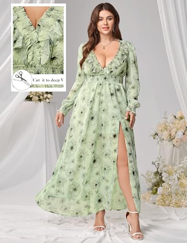 Image of EYWOL Wedding Guest Dresses for Women Long Sleeve Chiffon Floral with Slit