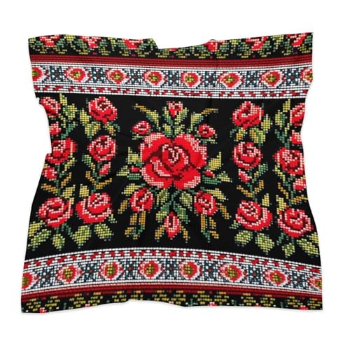 Satin Head Scarf Like Silk Hair Scarf Ukrainian Embroidery Style Rose Headscarf Breathable Neck Scarfs Lightweight Kerchiefs Small Square Scarves Sleeping Wraps Women Bandana 18"×18"3