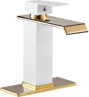 Bathroom Faucet White Gold Waterfall Vanity Sink Faucet Single Handle Hole Lavatory Bath Faucet Basin Tap Water Supply Hose Deck Mount Commercial Luxury
