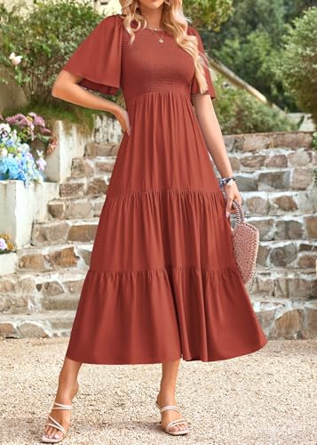 Image of KIRUNDO Summer Dresses for Women 2026 Spring Casual Flutter Short Sleeve Wedding Guest Smocked Flowy Tiered Aline Midi Dress