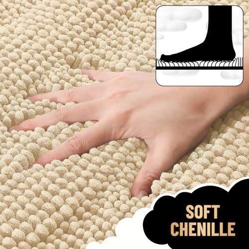 Image of OLANLY Thick Bathroom Runner Rugs 47x17, Extra Absorbent Chenille Striped Bath Rugs, Rubber Backing, Machine Wash Dry, Long Bath Mats for Bathroom Floor, Tub and Shower, Home Decor Accessories, Beige