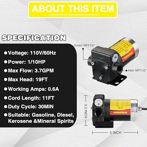 Image of 110V AC Self-priming Gasoline Diesel Oil Fuel Transfer Explosion-proof Pump Kit with Suction /Discharge Hose & Nozzle for Gasoline Diesel Kerosene & More