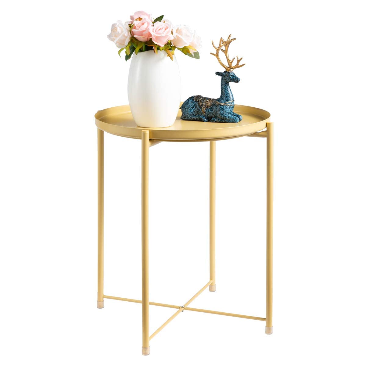 HollyHOME Tray Metal End Table, Sofa Table Small Round Side Tables, Anti-Rust and Waterproof Outdoor & Indoor Snack Table, Accent Coffee Table,??êH??ë 20.28" x??êD??ë 16.38", Latte Yellow