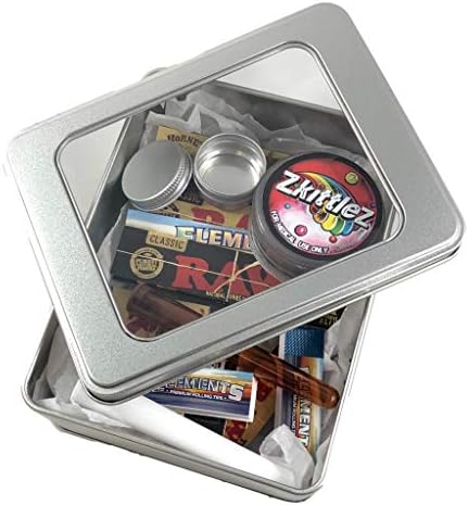 RAW Cigarette Smokers Rolling Gift Tin Box Set - Smoking Hamper Kit - Window Lid Tin Roller Storage Unit - (MEDIUM) (RAWTHENTIC, ROLLING PAPERS, SKINS)