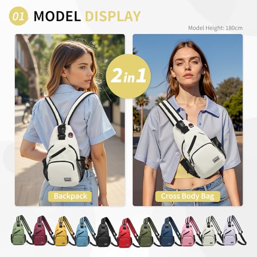 Image of Convertible Sling Bags for Women Men, Lightweight Crossbody Backpack Daypack Fit for 7.9 inch Tablet for Casual Travel Sport Hiking (White)