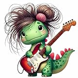 12 Rockstar Dinosaur Png Clipart Green Dino With Electric Guitar And Wild Hair Whimsical Music Illustration