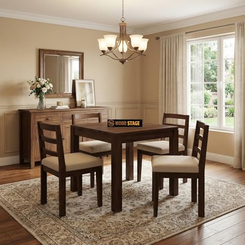 Image of WOODSTAGE Solid Sheesham Wood 4 Seater Dining Table with 4 Cushion Chairs - Ideal for Dining Room, Living Room, Hall, Home - Wooden Furniture Dinner Table Set (Walnut Finish)