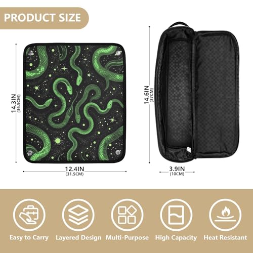 Bolsa de viaje y alfombrilla resistente al calor para herramientas de cabello, grande, para planchas, en diseño serpientes y estrellas verdes sobre fondo negro para mujeres miniatura 4