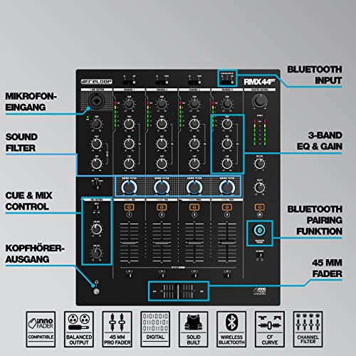 Reloop RMX-44 BT 4-Kanal-Bluetooth-DJ-Clubmixer, 9 Eingänge, 4 Ausgänge, Smart Connectivity Bluetooth Input mit Cue-Funktion