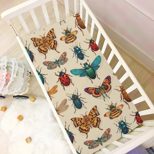 Image of Flying Vintage Insect Bugs Crib Sheets Soft Breathable Fitted Baby Crib Sheets Mattress Cover for Girls Boys, 52 inch x 28 inch x 9 inch