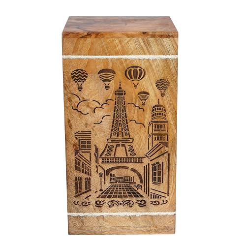 Image of Handcrafted Floral Engraved Wooden Urns for Human Ashes Adult Large - Cremation Urn for Ashes - Burial Urn for Columbarium - Funeral Urn Box (Eiffel Tower, 250 LB - Hardwood)