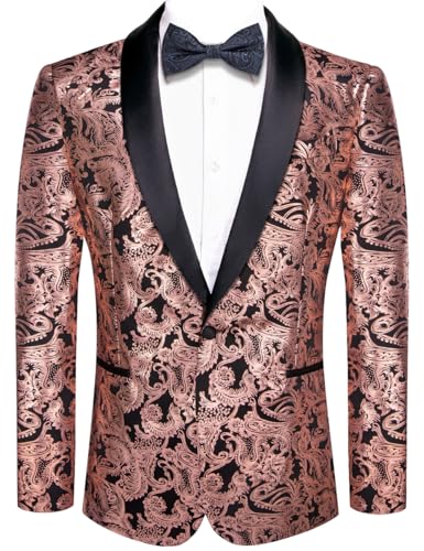 Hi-Tie Blazer Men Rose Gold Black Floral Suit Jacket Shawl Lapel One Button Slim Fit Tuxedo Party Dinner Sport Coats Blazer