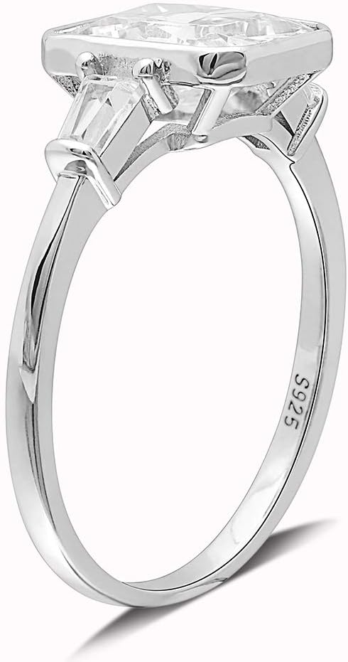 Genesis Engagement Ring for Women by Ginger Lyne | Sterling Silver Emerald Cut Baguette Cubic Zirconia Promise or Bridal Ring for Her | Gift for Wife or Girlfriend