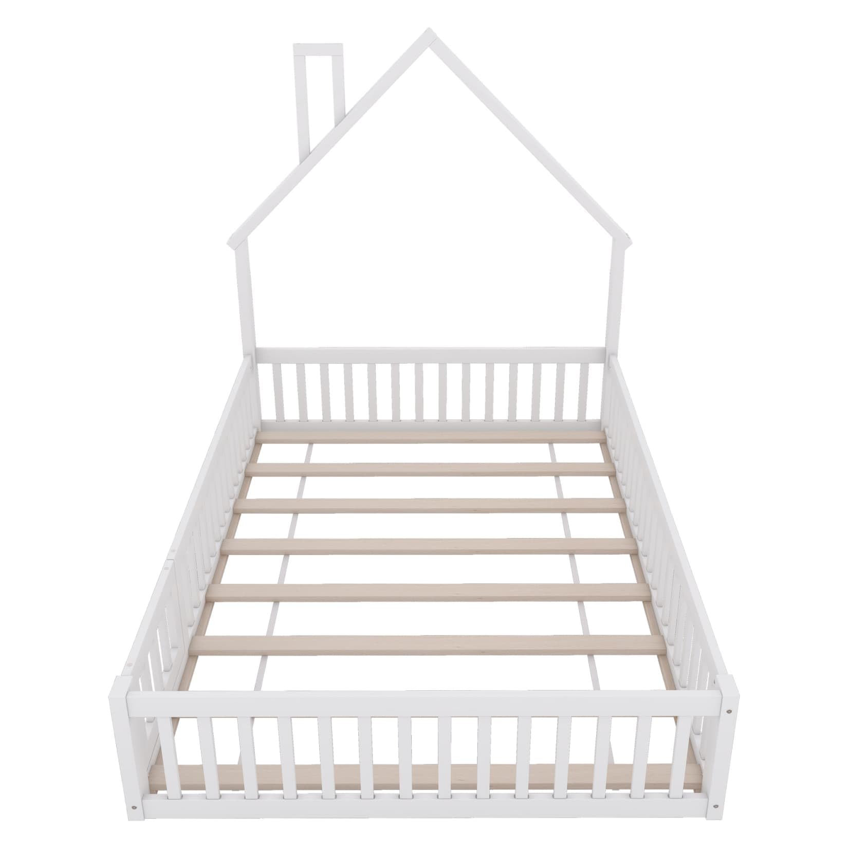 Lit Au Sol Enfant,Lit Cabane Enfant 140x200 avec Sommier à Lattes Solide,Porte,Barrière de lit,pour Enfants,Pin (Blanc, 140x200)