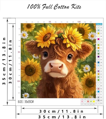 Image of Cattle Sunflower Stamped Cross Stitch Kits for Adults - Embroidery Kits for Beginners Adults,11 CT Patterns Dimensions Counted Cross Stitch Kits for Adults Arts Craft 14x14 inch