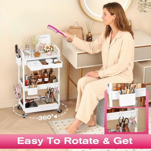 Image of Goovilla Rolling Makeup Organizer Cart with Removable Drawer, 3 Tier Stable White Floor Skincare Storage Cart for Vanity, Cosmetic Display, Nail Polish, Perfume, Hair Stuff, Beauty, Bathroom(Plastic)