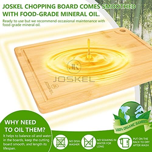 JOSKEL Wooden Chopping Board Sets of 3 With Stand, include 5 piece Utensils-Organic Pre-Oiled Bamboo Cutting Boards Butchers Block with Juice Groove for Bread, Serving, Meat, Cheese, Fruit, vegetables
